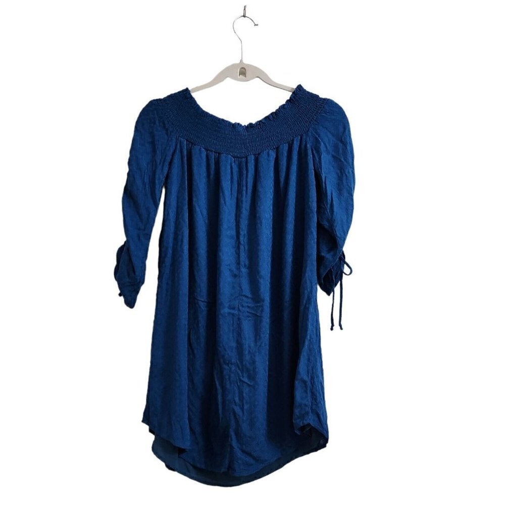 Anthropologie Amadi Mini Robe Dress Small Petite Blue SP Off The Shoulder Ruched - Picture 8 of 11